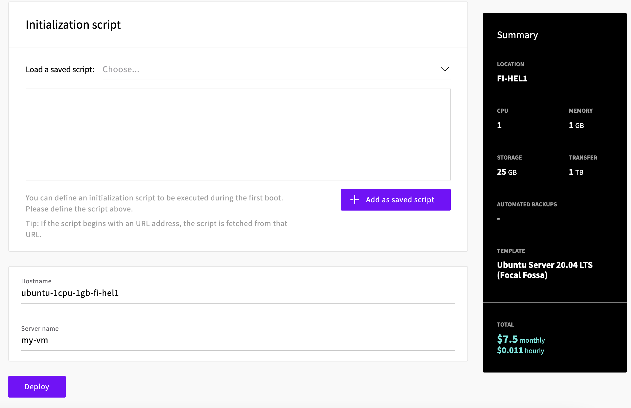 Server initialization script and deployment in UpCloud